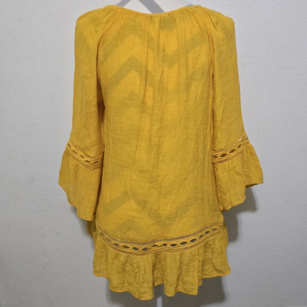 ​Zac & Rachel Mustard Yellow Boho Bell Sleeve Blouse Crochet Lace Trim Medium - Picture 7 of 13